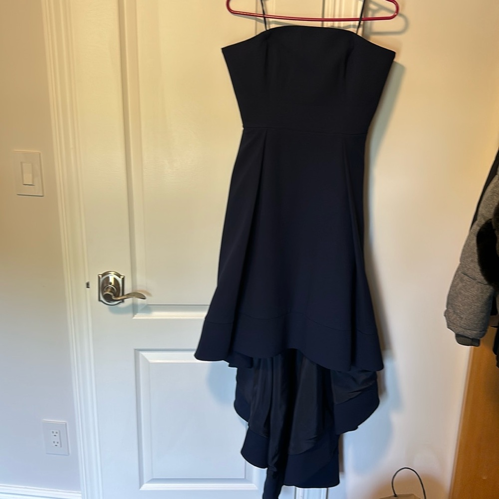 C/MEO collectives strapless high-low evening gown. Size large. Worn twice. Navy